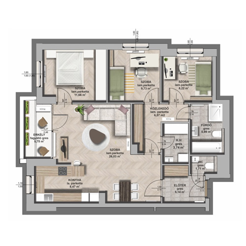 B épület / III. emelet 2. lakás